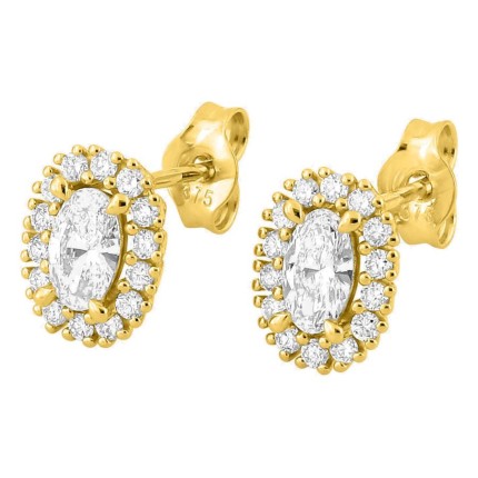 Pendientes de botón de oro amarillo 9K con diamantes creados 0,60 ct y centro ovalado en halo