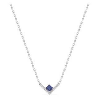 Collar de plata de ley 925 rodiada con motivo en V y circonitas azul y blancas