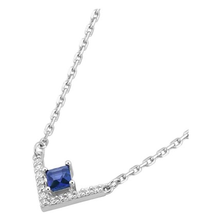 Collar de plata de ley 925 rodiada con motivo en V y circonitas azul y blancas