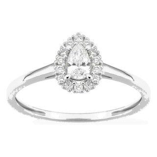 Anillo de oro blanco 9K con diamantes creados 0,29 ct y centro de talla pera 0,19 ct en halo