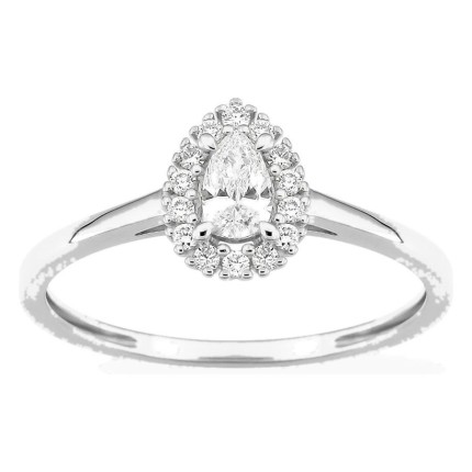 Anel em ouro branco 9K com diamantes criados 0,29 ct e centro de lapidação pera 0,19 ct em halo