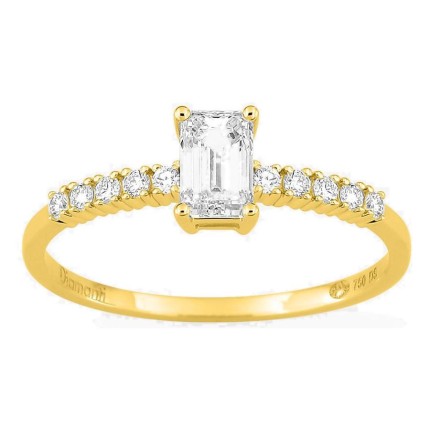 Anillo solitario acompañado de oro amarillo 18K con diamantes creados 0,63 ct talla esmeralda