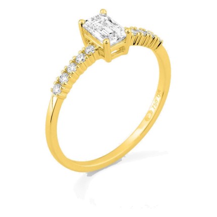 Anillo solitario acompañado de oro amarillo 18K con diamantes creados 0,63 ct talla esmeralda