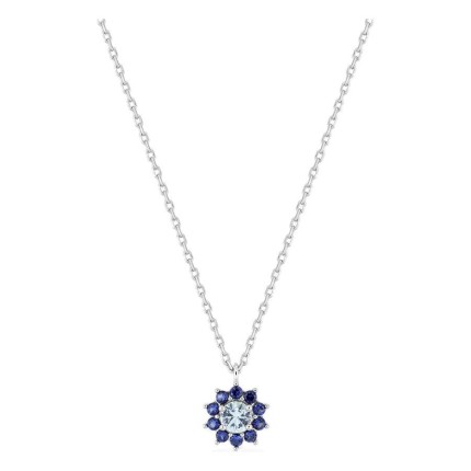 Collar flor de plata de ley 925 rodiada con circonitas azules y azul cielo