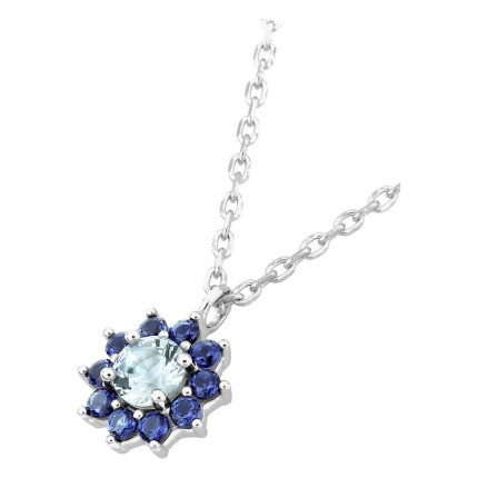 Collar flor de plata de ley 925 rodiada con circonitas azules y azul cielo