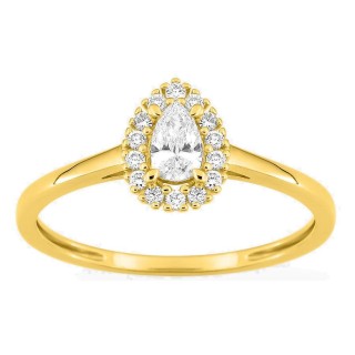 Anillo de oro amarillo 9K con diamantes creados 0,29 ct y centro de talla pera 0,19 ct en halo