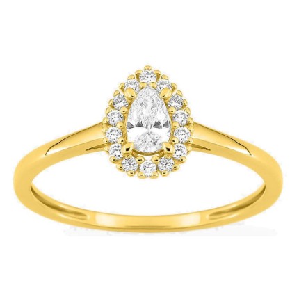 Anillo de oro amarillo 9K con diamantes creados 0,29 ct y centro de talla pera 0,19 ct en halo