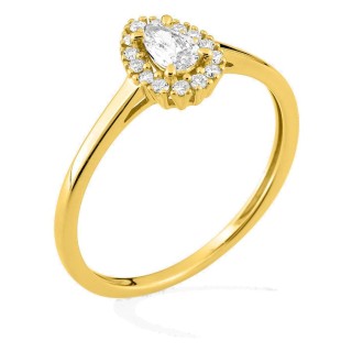 Anel em ouro amarelo 9K com diamantes criados 0,29 ct e centro de lapidação pera 0,19 ct em halo