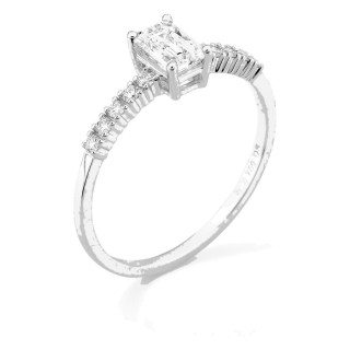 Anillo solitario acompañado de oro blanco 18K con diamantes creados 0,63 ct talla esmeralda