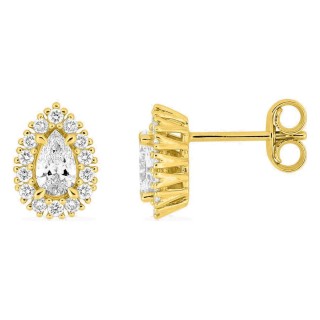 Pendientes de botón de oro amarillo 9K con diamantes creados 0,58 ct y centro de talla pera en halo