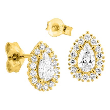 Pendientes de botón de oro amarillo 9K con diamantes creados 0,58 ct y centro de talla pera en halo
