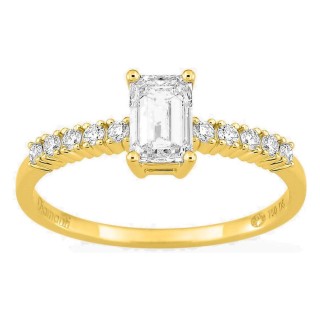 Anel solitário acompanhado em ouro amarelo 18K com diamantes criados 0,85 ct lapidação esmeralda