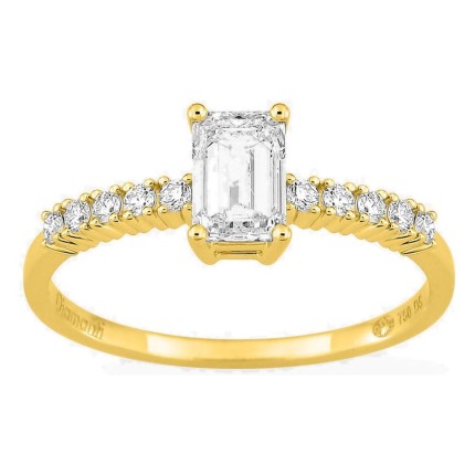 Anillo solitario acompañado de oro amarillo 18K con diamantes creados 0,85 ct talla esmeralda