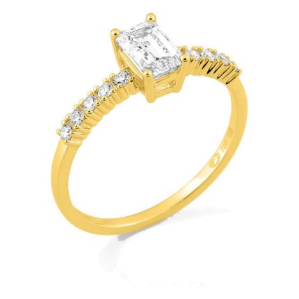 Anillo solitario acompañado de oro amarillo 18K con diamantes creados 0,85 ct talla esmeralda