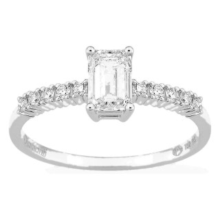 Anillo solitario acompañado de oro blanco 18K con diamantes creados 0,85 ct talla esmeralda