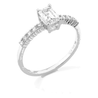 Anillo solitario acompañado de oro blanco 18K con diamantes creados 0,85 ct talla esmeralda