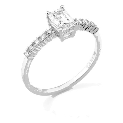 Anillo solitario acompañado de oro blanco 18K con diamantes creados 0,85 ct talla esmeralda