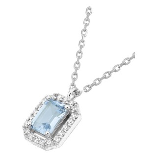 Colar em prata de lei 925 ródiada com zircónia baguete azul-céu 7x5 mm e halo branco