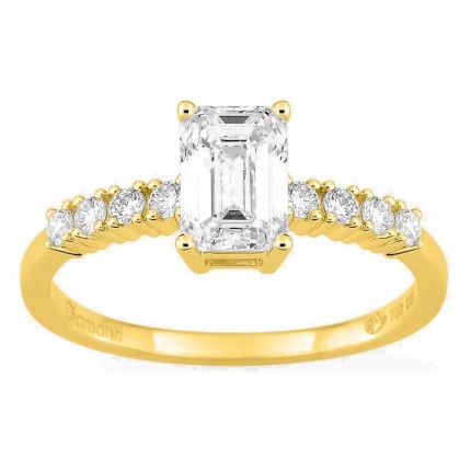 Anillo solitario acompañado de oro amarillo 18K con diamantes creados 1,21 ct talla esmeralda