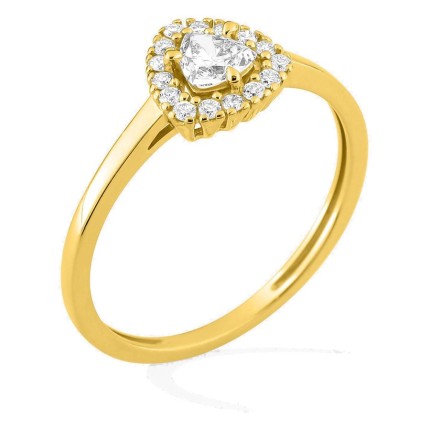 Anillo de oro amarillo 9K con diamantes creados 0,31 ct y centro de talla trillón 0,20 ct en halo