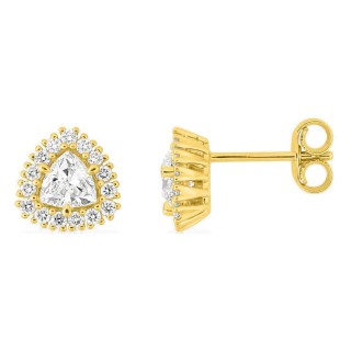 Brincos de pressão em ouro amarelo 9K com diamantes criados 0,61 ct e centro de lapidação trillion em halo