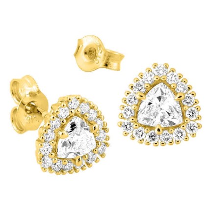 Brincos de pressão em ouro amarelo 9K com diamantes criados 0,61 ct e centro de lapidação trillion em halo