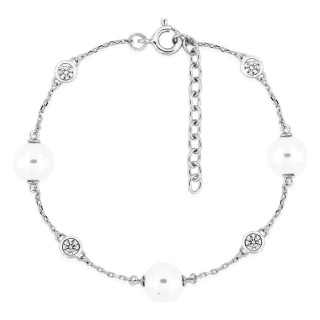 Pulseira em prata de lei 925 ródiada com pérolas de imitação de 7 mm e zircónias
