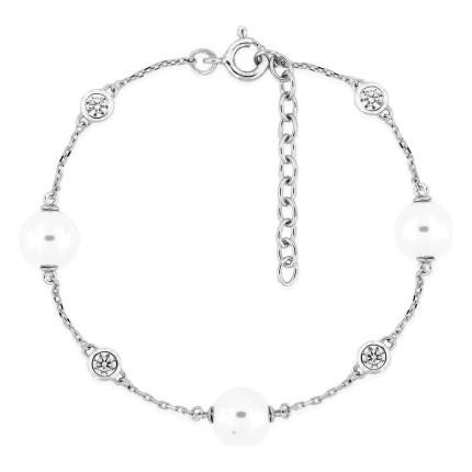 Pulsera de plata de ley 925 rodiada con perlas de imitación de 7 mm y circonitas