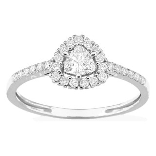Anillo de oro blanco 9K con diamantes creados 0,39 ct y centro de talla trillón 0,20 ct en halo