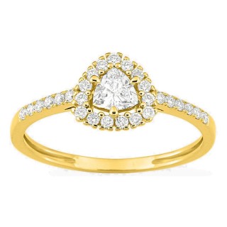 Anel em ouro amarelo 9K com diamantes criados 0,39 ct e centro de lapidação trillion 0,20 ct em halo