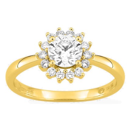 Anillo de oro amarillo 18K con diamantes creados 0,91 ct y centro de 0,70 ct en halo
