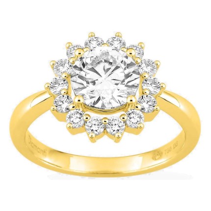 Anel em ouro amarelo 18K com diamantes criados 1,96 ct e centro de 1,50 ct em halo