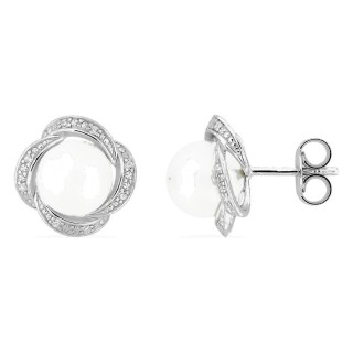 Pendientes de botón de plata de ley 925 rodiada con circonitas y perla de imitación de 8 mm