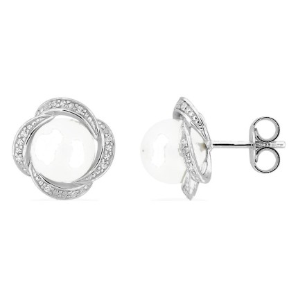 Pendientes de botón de plata de ley 925 rodiada con circonitas y perla de imitación de 8 mm