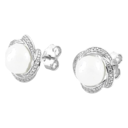 Pendientes de botón de plata de ley 925 rodiada con circonitas y perla de imitación de 8 mm