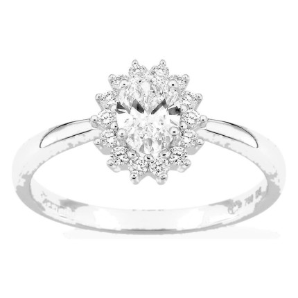 Anel em ouro branco 18K com diamantes criados 0,68 ct e centro oval 0,50 ct