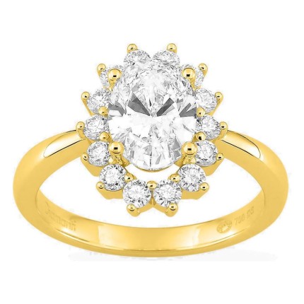 Anillo de oro amarillo 18K con diamantes creados 1,96 ct y centro ovalado 1,50 ct