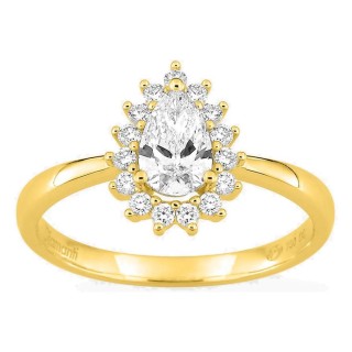 Anel em ouro amarelo 18K com diamantes criados 0,70 ct e centro lapidação pera 0,50 ct