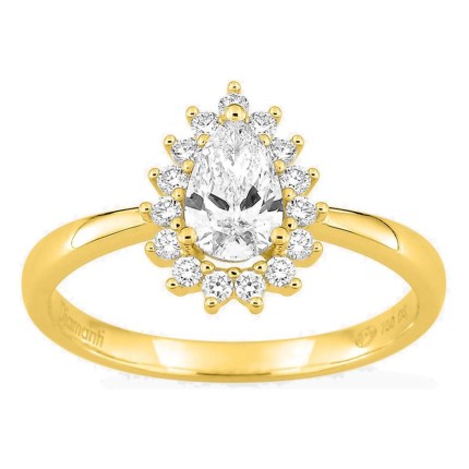 Anel em ouro amarelo 18K com diamantes criados 0,70 ct e centro lapidação pera 0,50 ct