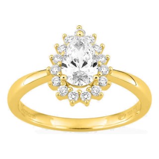 Anel em ouro amarelo 18K com diamantes criados 0,89 ct e centro lapidação pera 0,70 ct