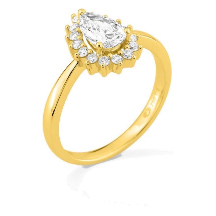 Anel em ouro amarelo 18K com diamantes criados 0,89 ct e centro lapidação pera 0,70 ct