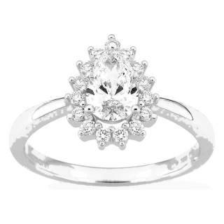 Anel em ouro branco 18K com diamantes criados 0,89 ct e centro lapidação pera 0,70 ct