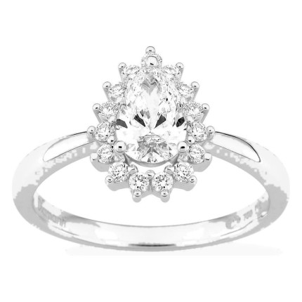 Anel em ouro branco 18K com diamantes criados 0,89 ct e centro lapidação pera 0,70 ct