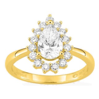 Anillo de oro amarillo 18K con diamantes creados 1,39 ct y centro talla pera 1,00 ct