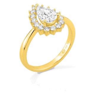 Anel em ouro amarelo 18K com diamantes criados 1,39 ct e centro lapidação pera 1,00 ct