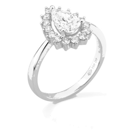 Anel em ouro branco 18K com diamantes criados 1,39 ct e centro lapidação pera 1,00 ct