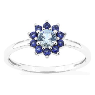 Anel flor em prata de lei 925 ródiada com zircónias azul e azul-céu