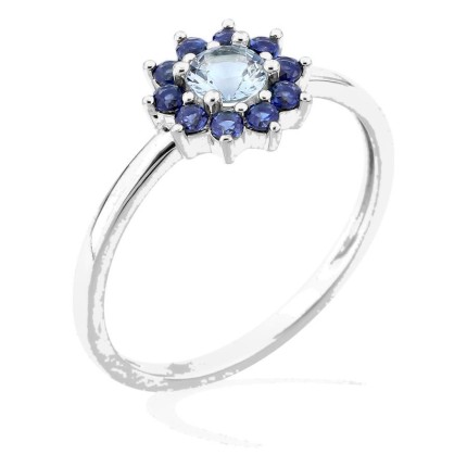 Anel flor em prata de lei 925 ródiada com zircónias azul e azul-céu