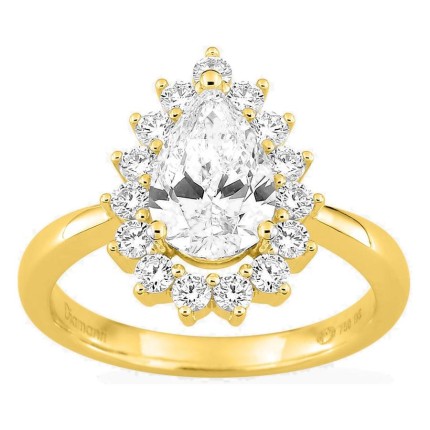 Anel em ouro amarelo 18K com diamantes criados 2,00 ct e centro lapidação pera 1,50 ct