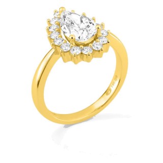 Anel em ouro amarelo 18K com diamantes criados 2,00 ct e centro lapidação pera 1,50 ct